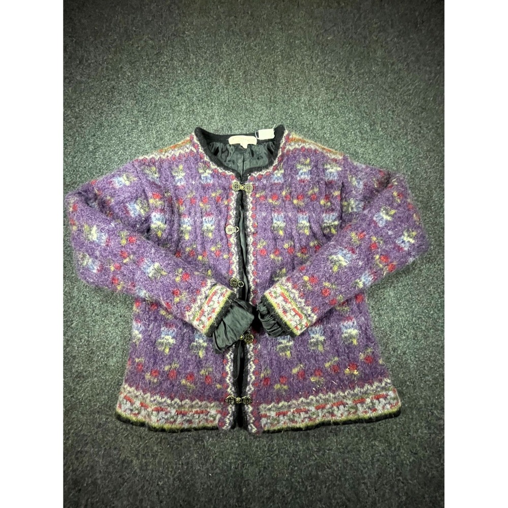 Vintage Norm Thompson Cardigan Sweater Womens Large Purple Floral Wool Thermal